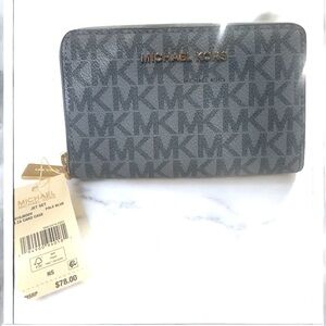 Michael KORS Jet Set Small ZA Card Case  Leather Pale Blue Color MK Logo Print